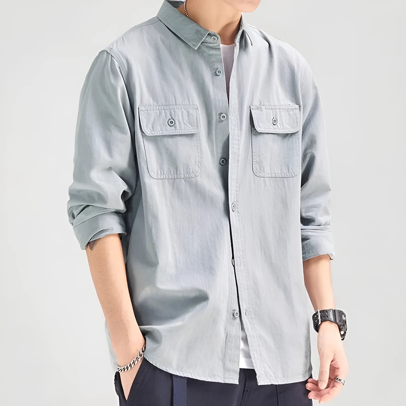 Men's long sleeve loose fit cardigan-style shirt overalls in four colour options