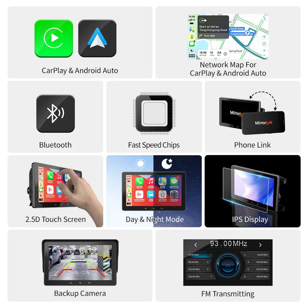 7 inch wireless CarPlay car display with cigarette lighter interface and suction cup mount