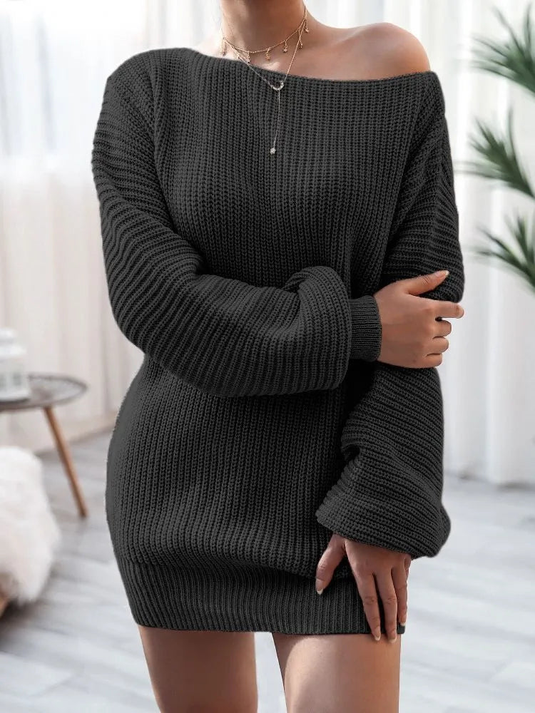 Women's off-the-shoulder knitted dress with lantern sleeves in a solid colour.