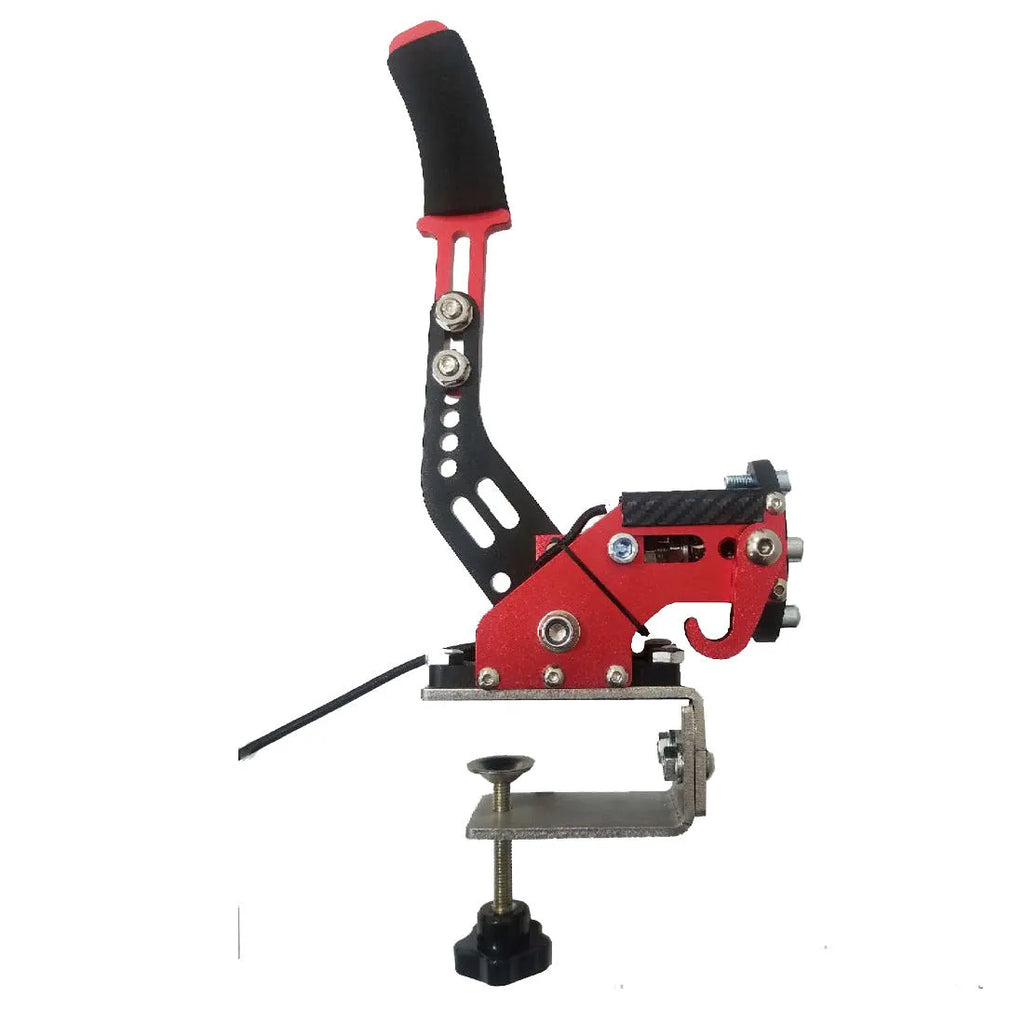 USB racing simulator handbrake with mounting clamp in choice of five colours on a grey background.