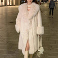 Women's gray faux rabbit fur and leather-look mid-length coat with a thick fur collar.