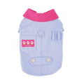 Blue and purple polyester dog vest with front chest ring for small dogs, showing weight-based sizing options
