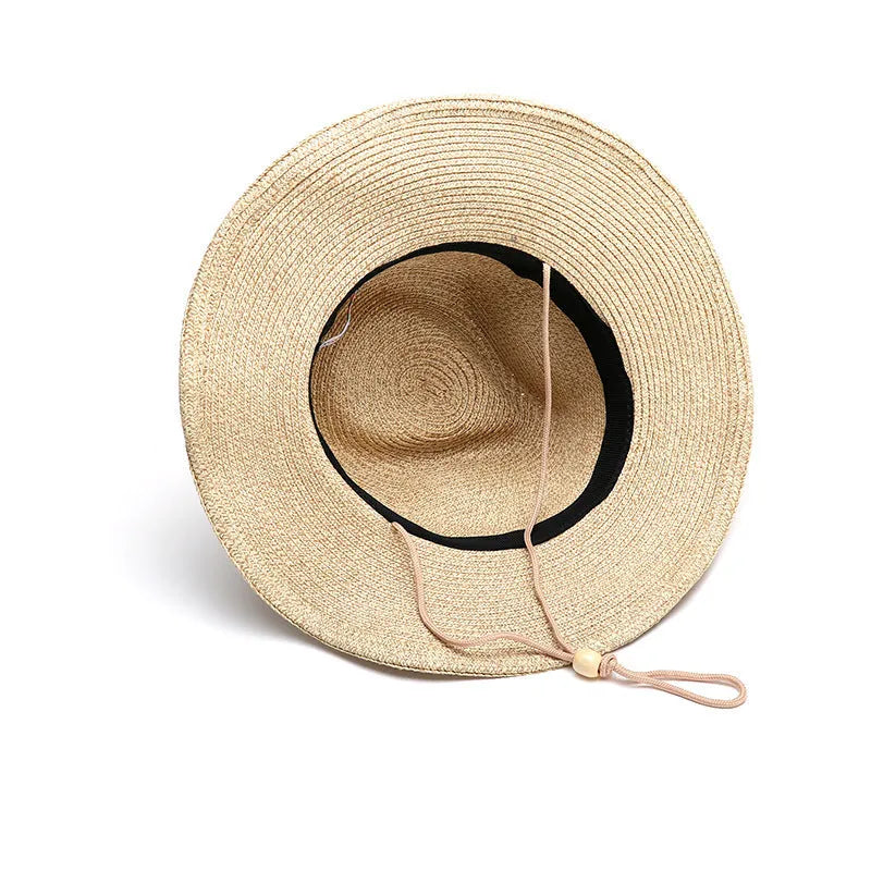Men's foldable straw sun hat with wide brim in mixed beige colour, shown in folded and unfolded positions