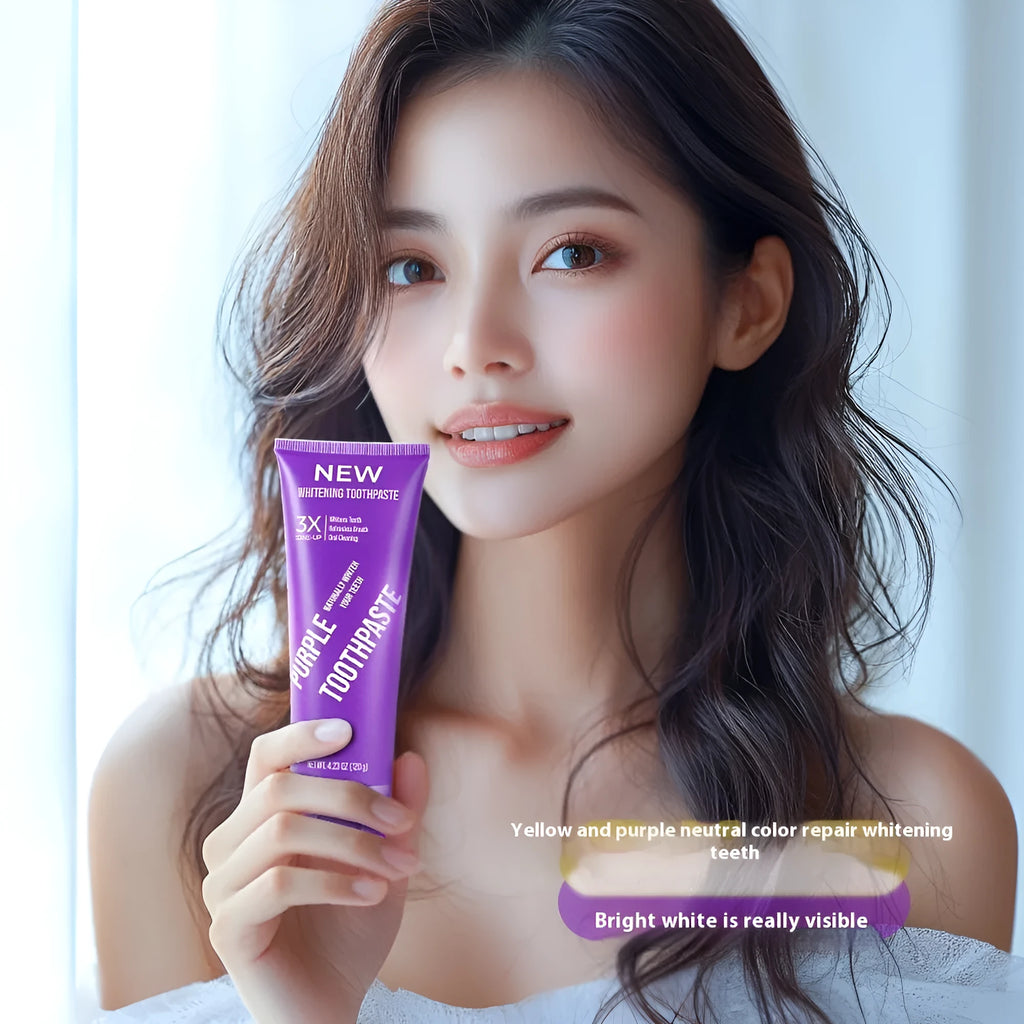 Purple whitening toothpaste tube for adults in 120g and 65g sizes for yellow stain removal.