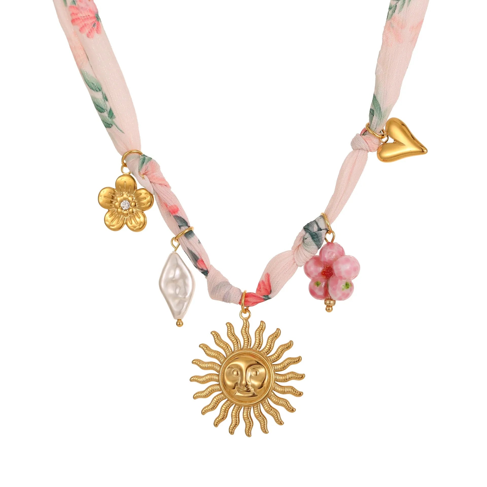 Stainless steel necklace with geometric heart and ribbon sun pendant on adjustable 41-50cm chain