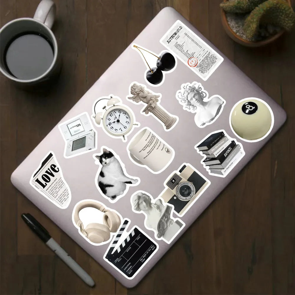 61-piece black and white PVC waterproof sticker pack for laptops, phones, luggage, and sports equipment decoration