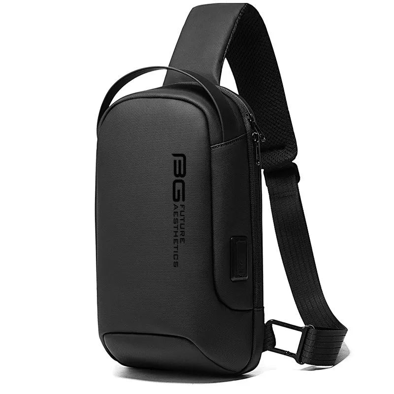 Men's blue Oxford cloth shoulder bag with a USB charging port on the front.
