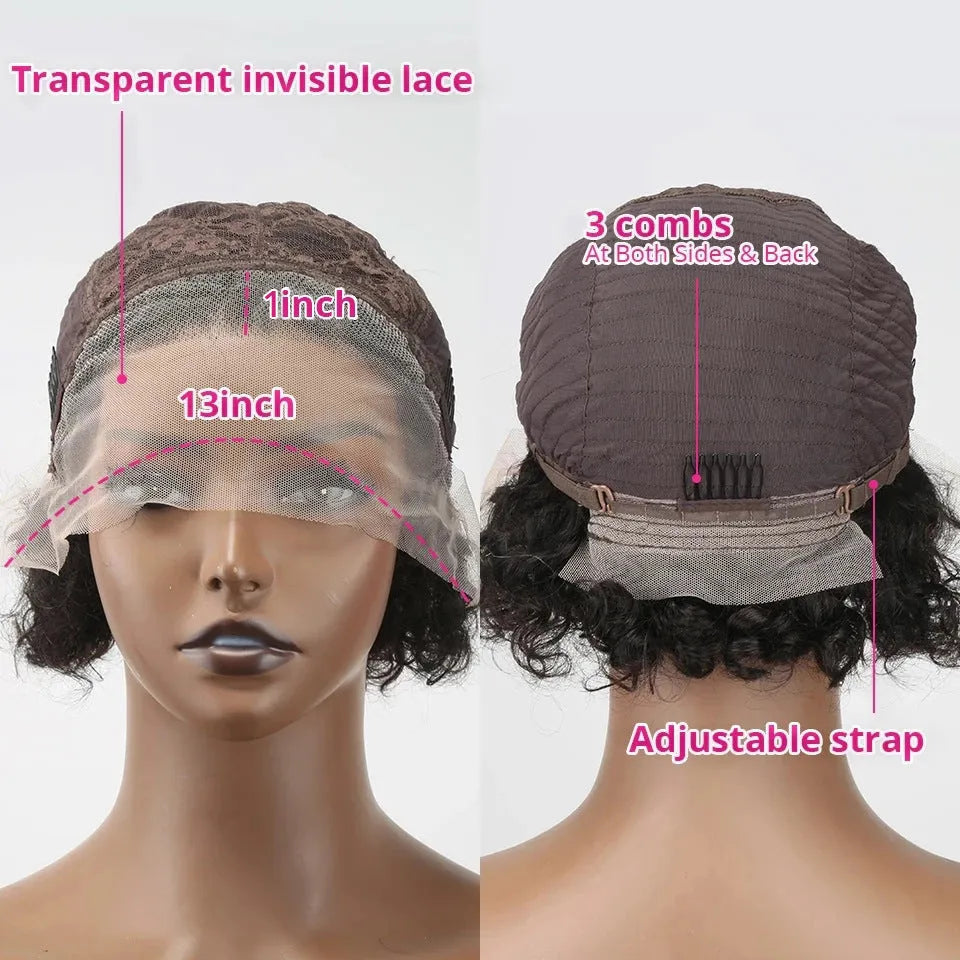 Black human hair wig with lace cover in 13x1 colour, natural pixie cut style