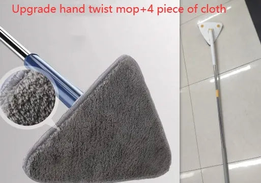 Extendable triangle mop with rotating blue head and stainless steel pole for cleaning corners and walls