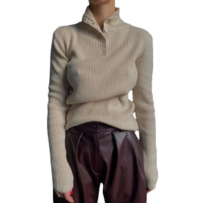 Half turtleneck pullover sweater with single-breasted placket in silver grey or rice apricot colour