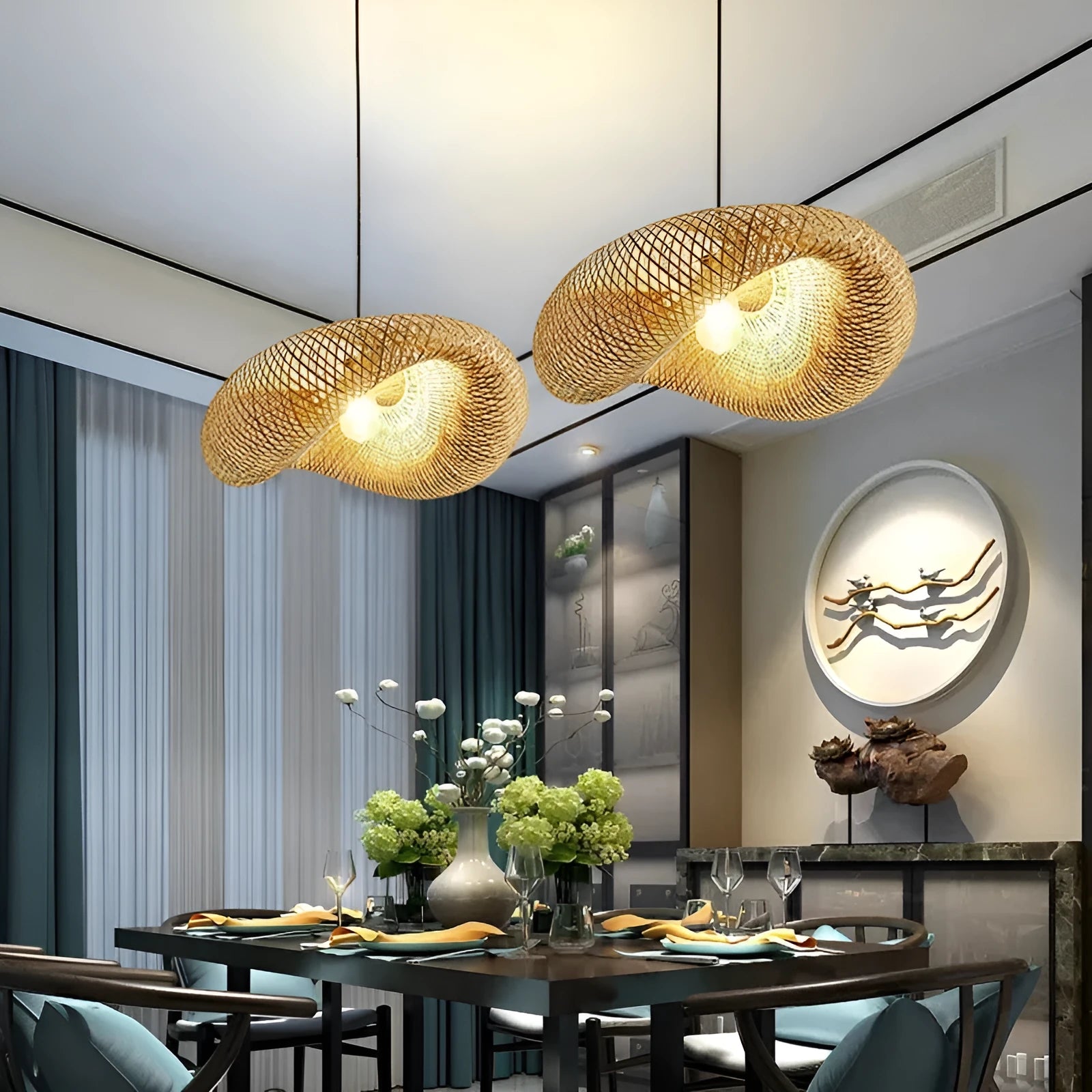 Bamboo straw hat-shaped hanging ceiling lamp in natural woven finish
