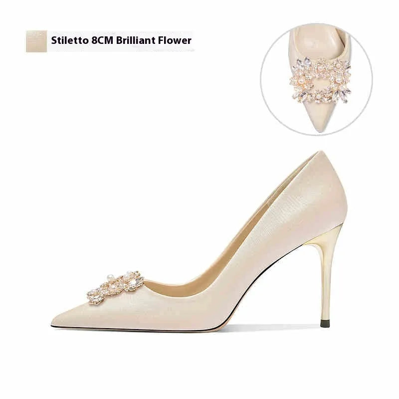 Women's crystal rhinestone pointed toe bridal heels in stiletto and cat heel styles