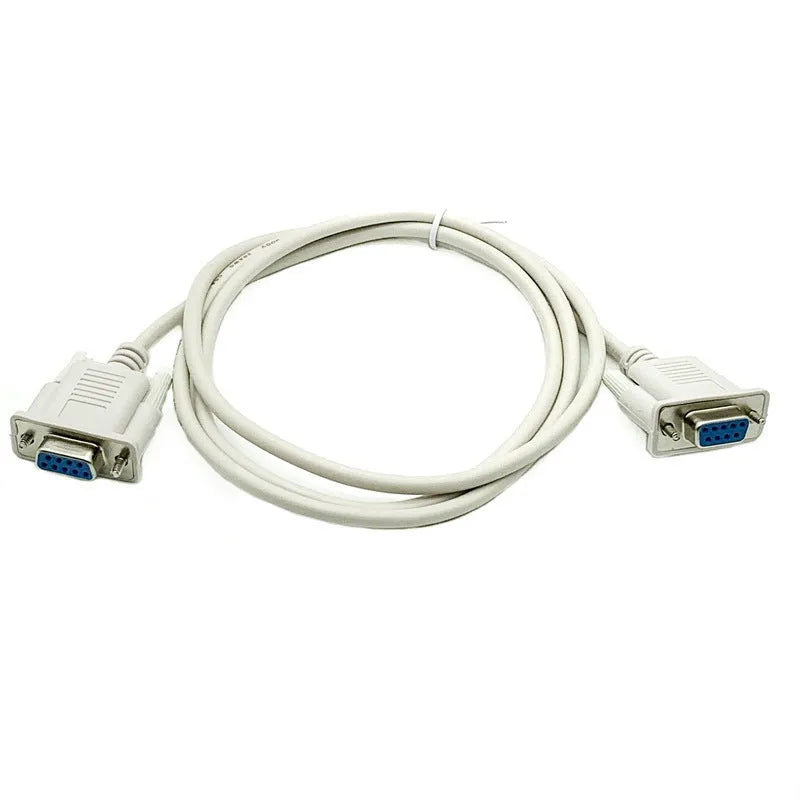 Milky white DB9 female to female cross serial cable measuring 1.5 metres with RS232 connectors