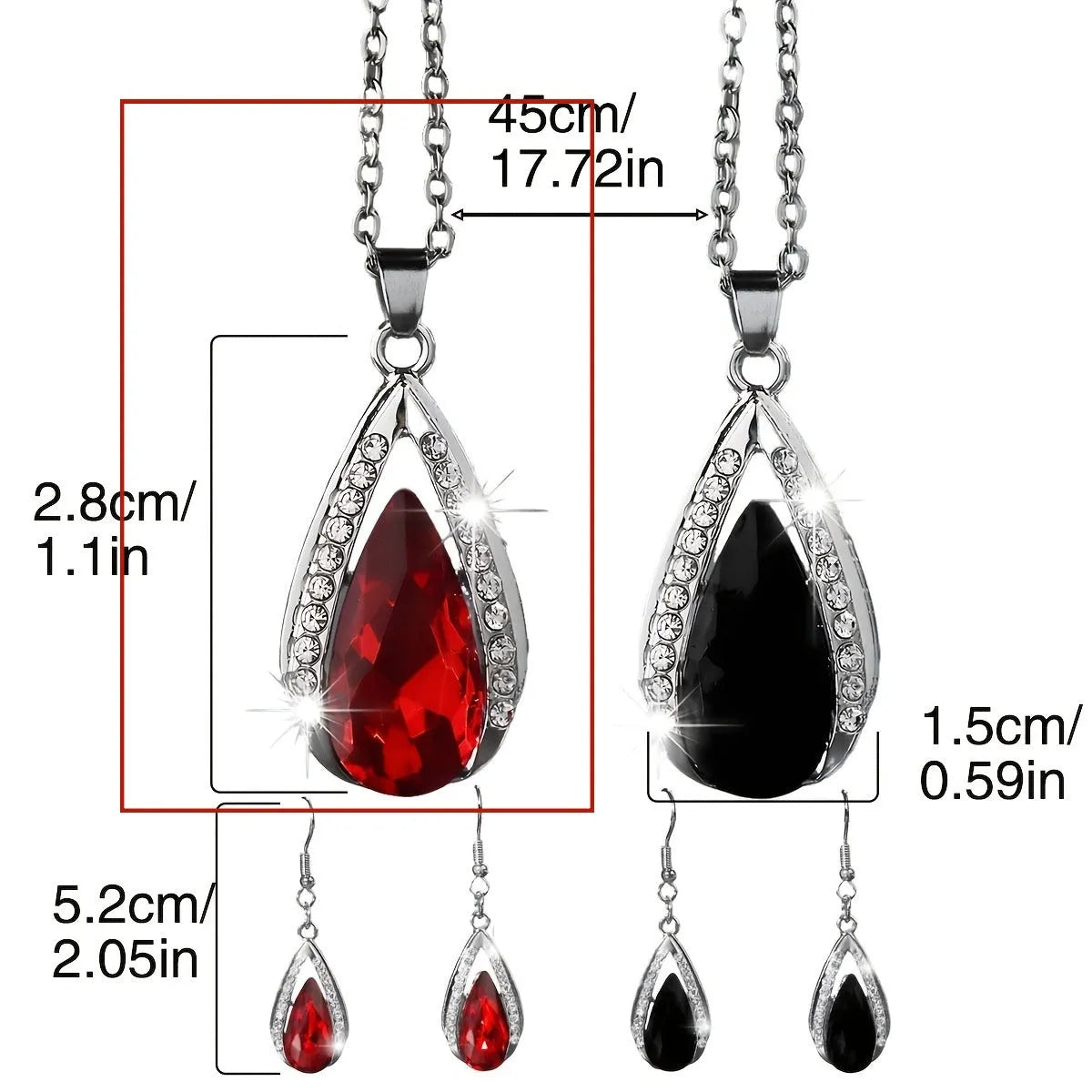 Black and red teardrop glass pendant necklace with matching earrings jewellery set