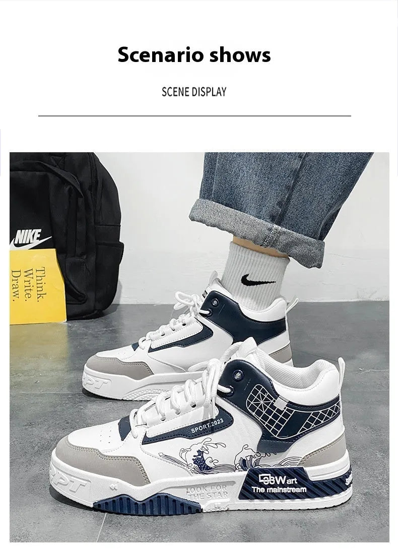 Men's beige board shoes with lace-up front and high-top design on flat rubber soles