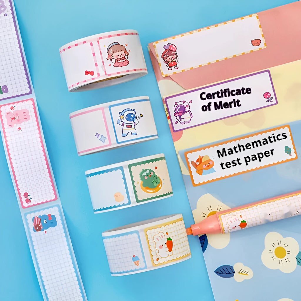 Cartoon tape name stickers in dinosaur, astronaut, rabbit and girl designs with 60 stickers per roll