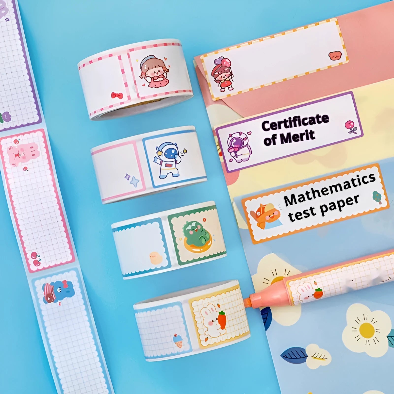 Cartoon tape name stickers in dinosaur, astronaut, rabbit and girl designs with 60 stickers per roll