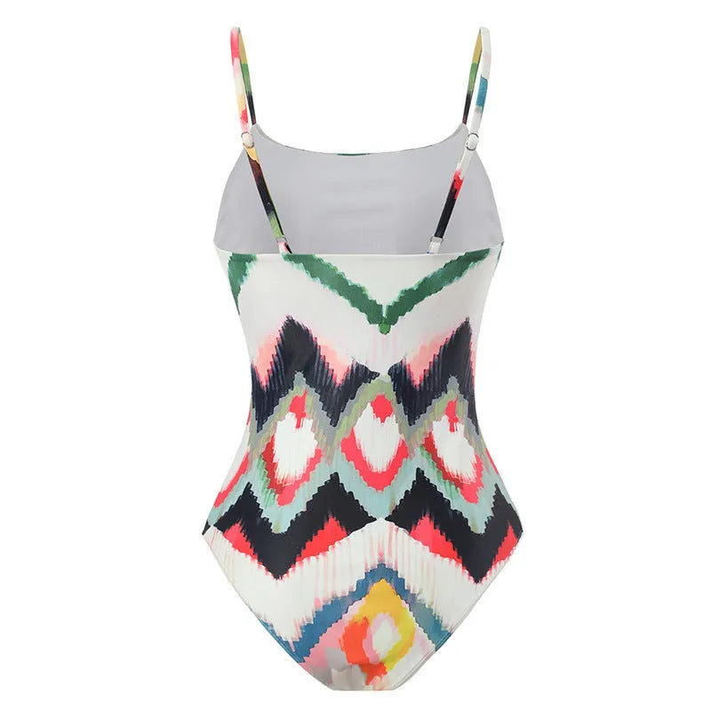 Women’s striped two-piece swimsuit with matching hip skirt in quick-dry polyester fabric