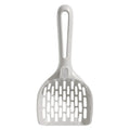 Grey plastic cat litter scoop with perforations and a separate storage base for cat litter box cleaning.