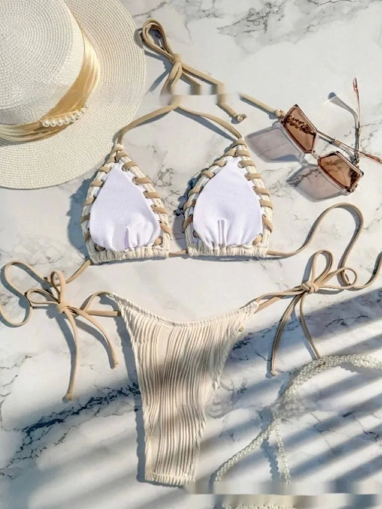 Texture Split Lace-up Swimsuit Milky White Push Up Small Chest Nylon Brief Women's Swimwear