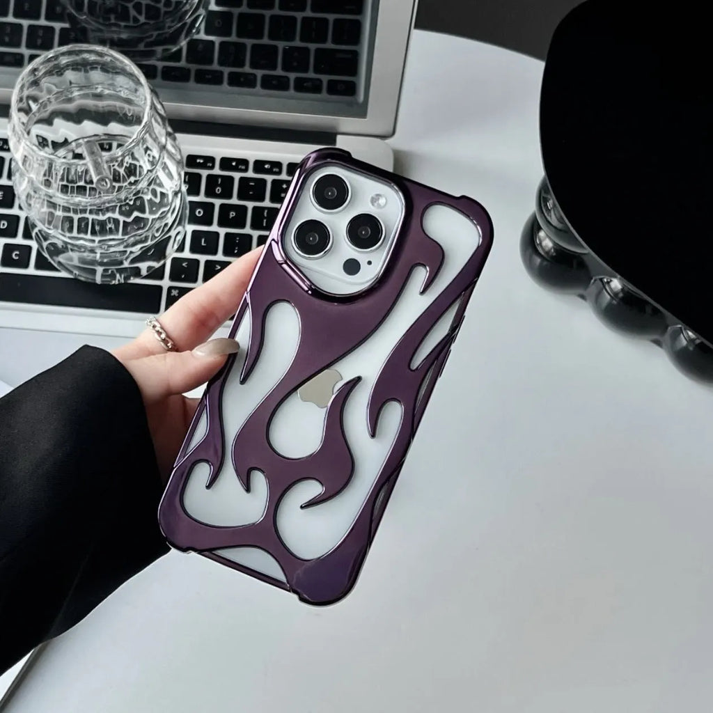 Electroplated hollow flame pattern soft TPU phone case for Apple iPhone in silver finish.