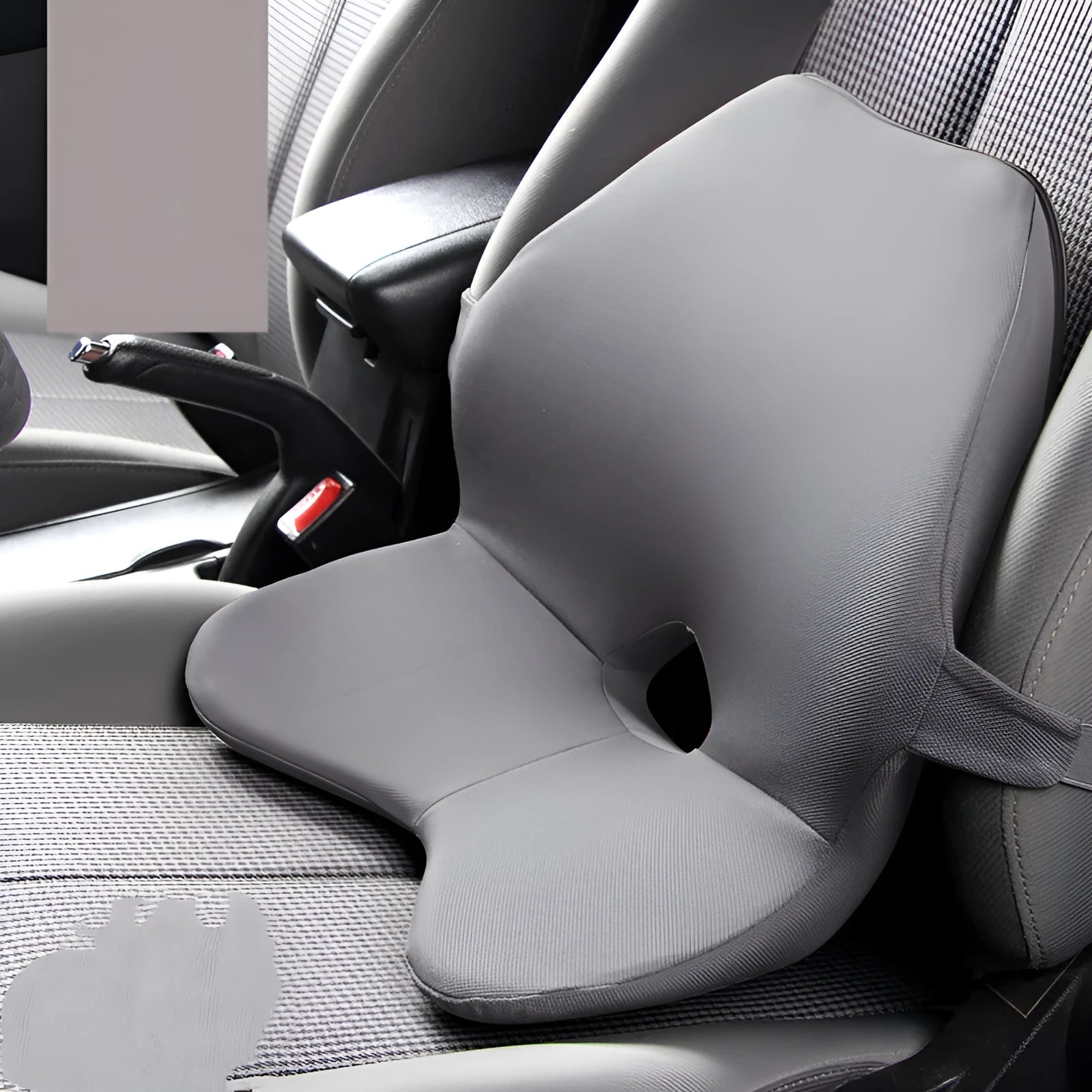 Memory foam car lumbar support cushion and a version with integrated headrest in beige colour.