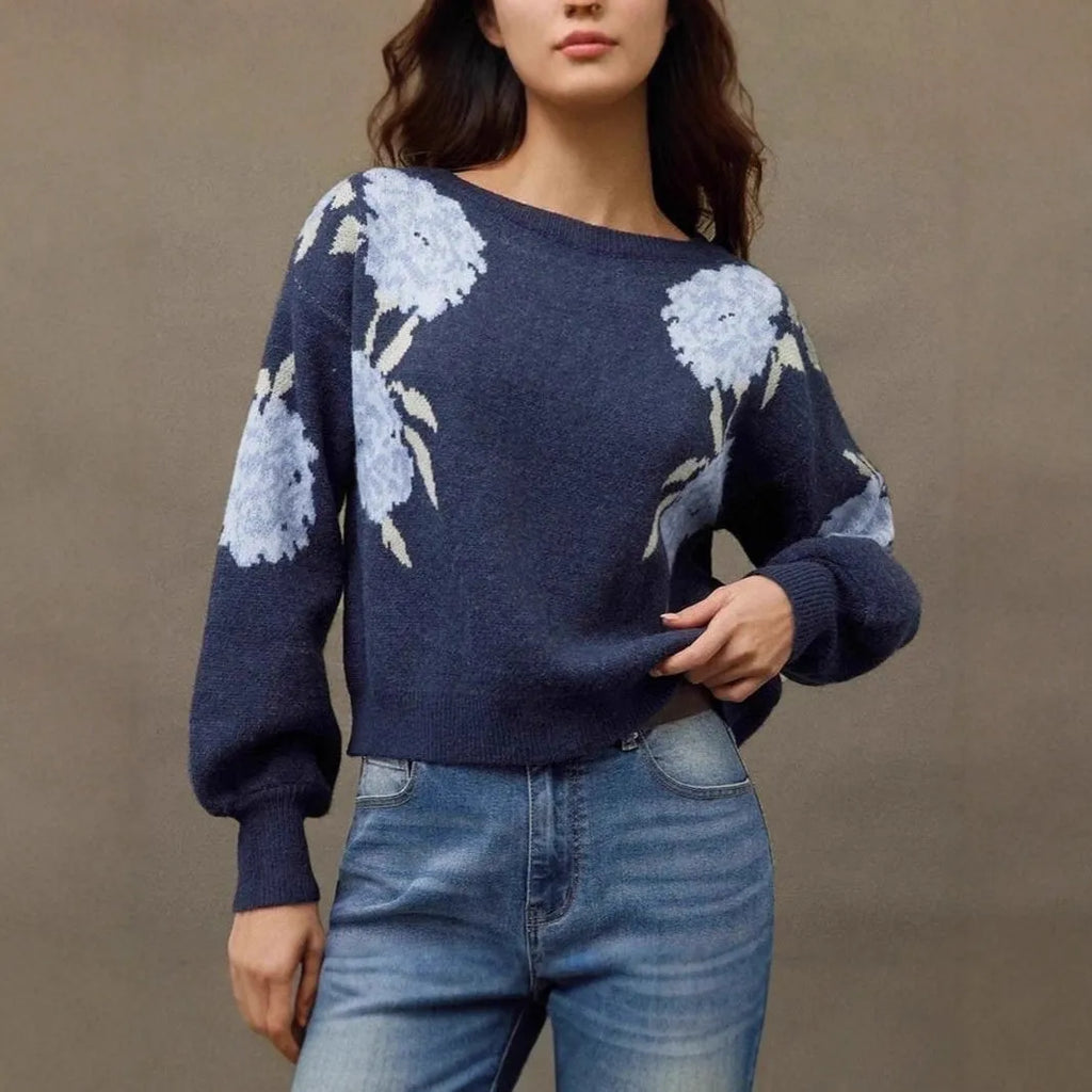 Sapphire blue women's pullover with floral jacquard pattern, loose streetwear fit