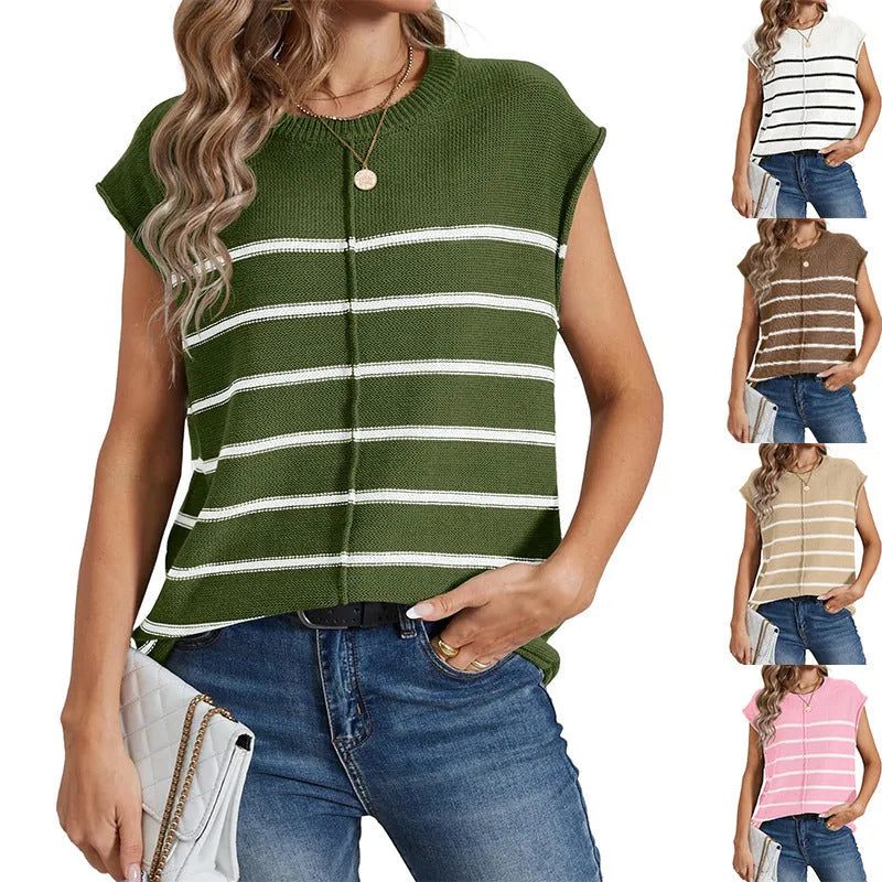 Women's striped sleeveless vest pullover with bone stitching detail in acrylic knit fabric