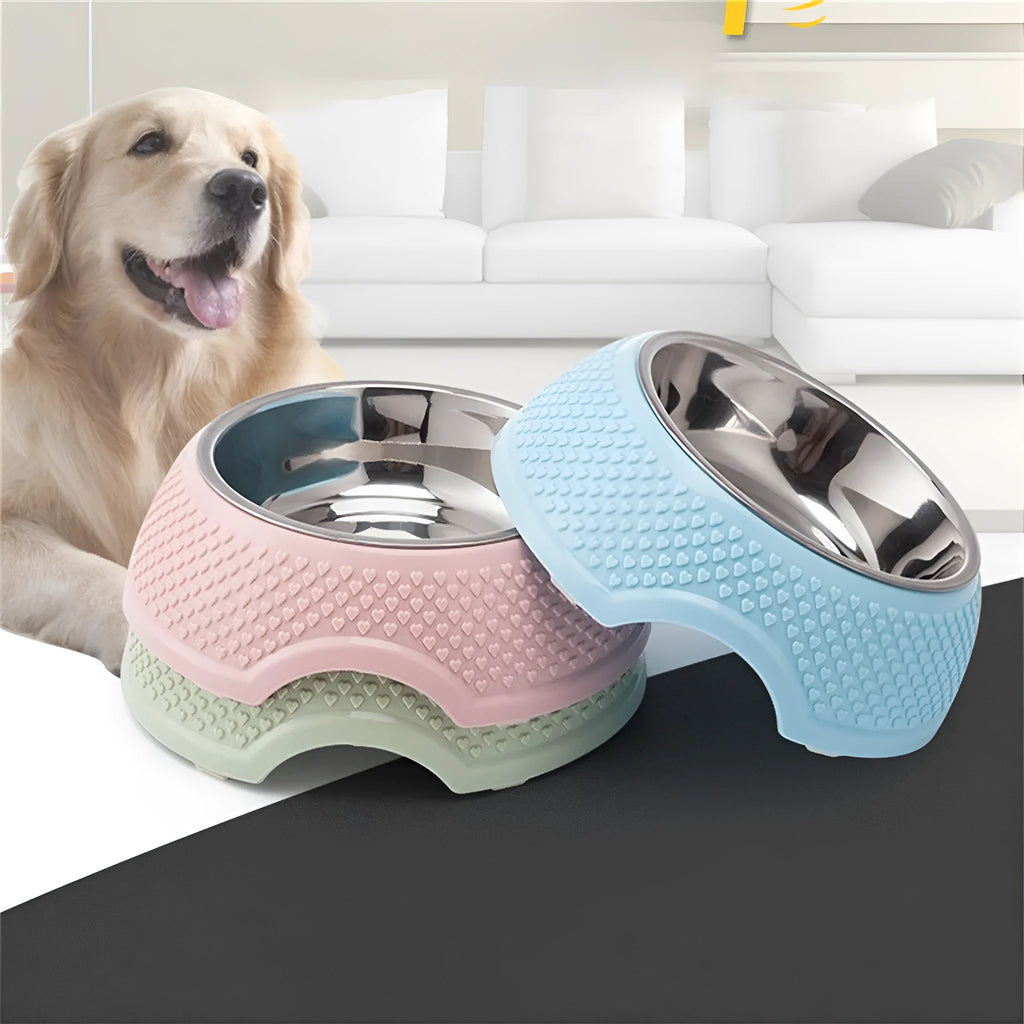 Set of four coloured stainless steel pet bowls with a non-slip base for cats and dogs.