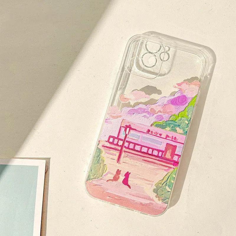 Soft silicone iPhone case with a colourful cartoon print of two cats on the back.