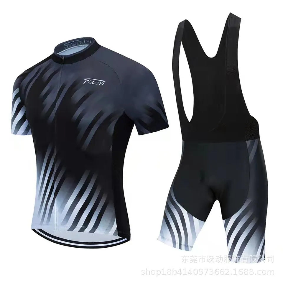 Cycling jersey and shorts set with moisture-wicking fabric in various style options for summer cycling