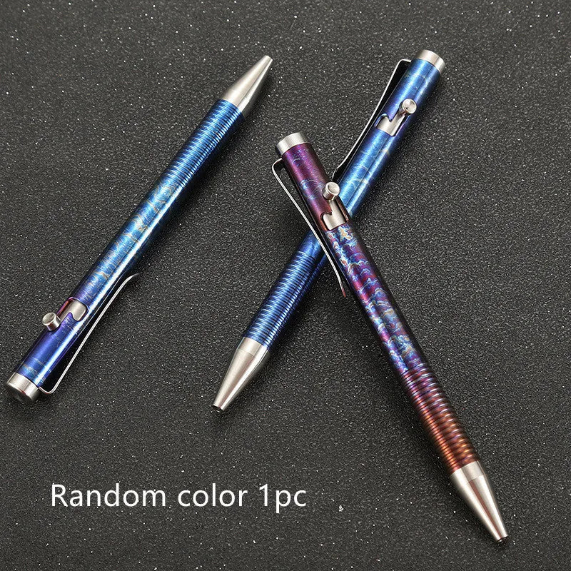 Titanium alloy ballpoint pen with gun bolt handle in a randomised phantom colour finish