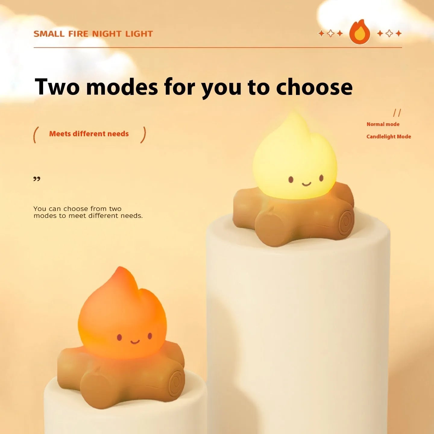 Small cartoon-style night lamp with silicone flame simulation on a table