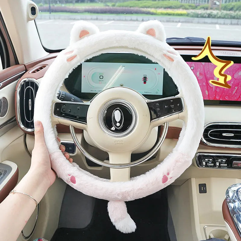 Plush winter car steering wheel cover with embroidered cartoon panda design for 38cm steering wheels.