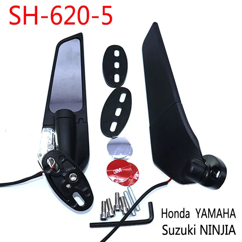 Pair of aluminium alloy motorcycle rearview mirror reflectors with convex glass lens and yellow LED light.