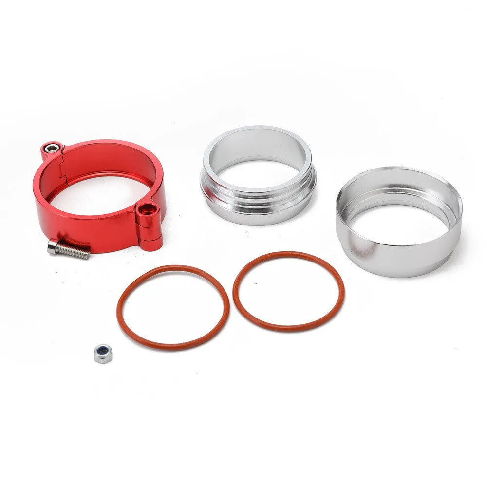 Aluminium fixed movement clamp for turbo exhaust downspouts in black, shown next to a 2.5inch and 3inch size comparison.