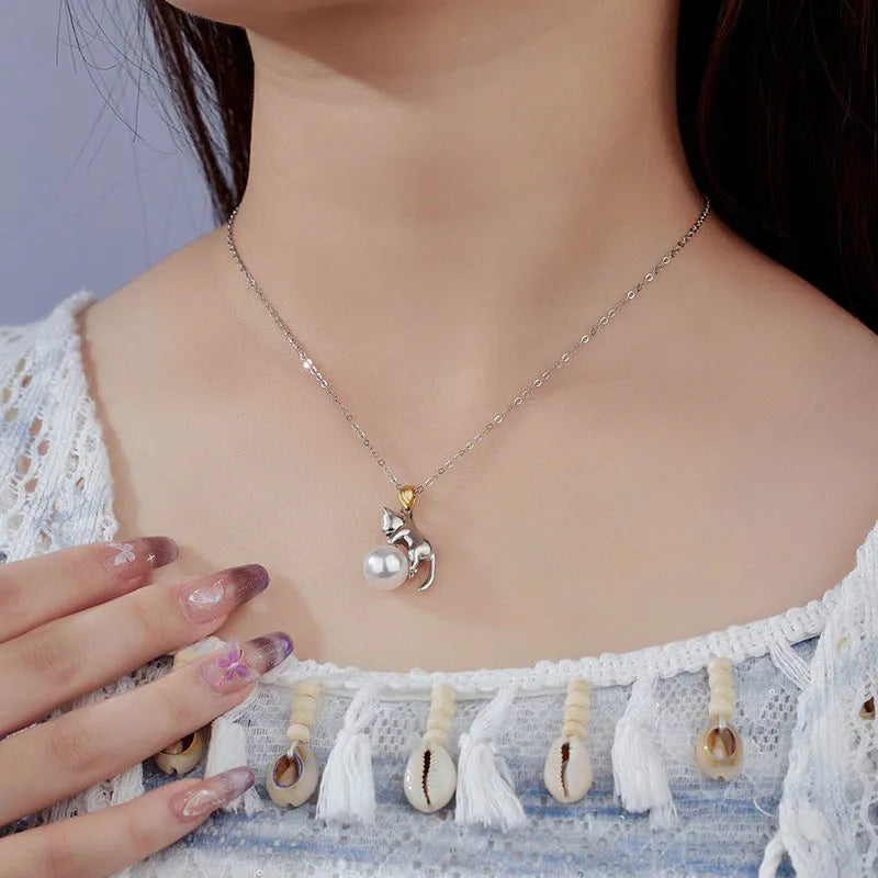 925 sterling silver clavicle chain necklace with cat pendant and electroplating finish