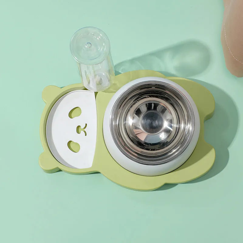 Grey and green panda-shaped automatic water dispenser with tilted stainless steel pet bowls.