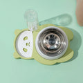 Grey and green panda-shaped automatic water dispenser with tilted stainless steel pet bowls.