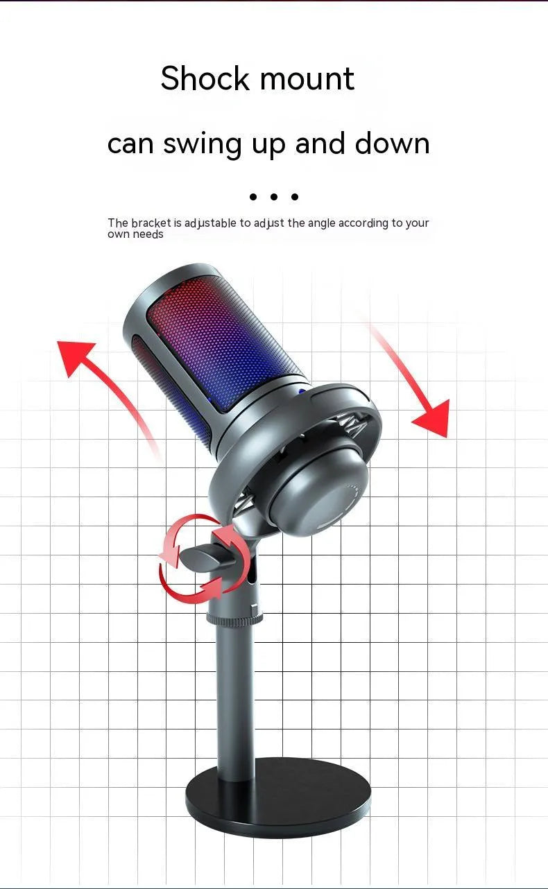 Condenser microphone with RGB lights in black, pink, or white colours for USB computer recording.