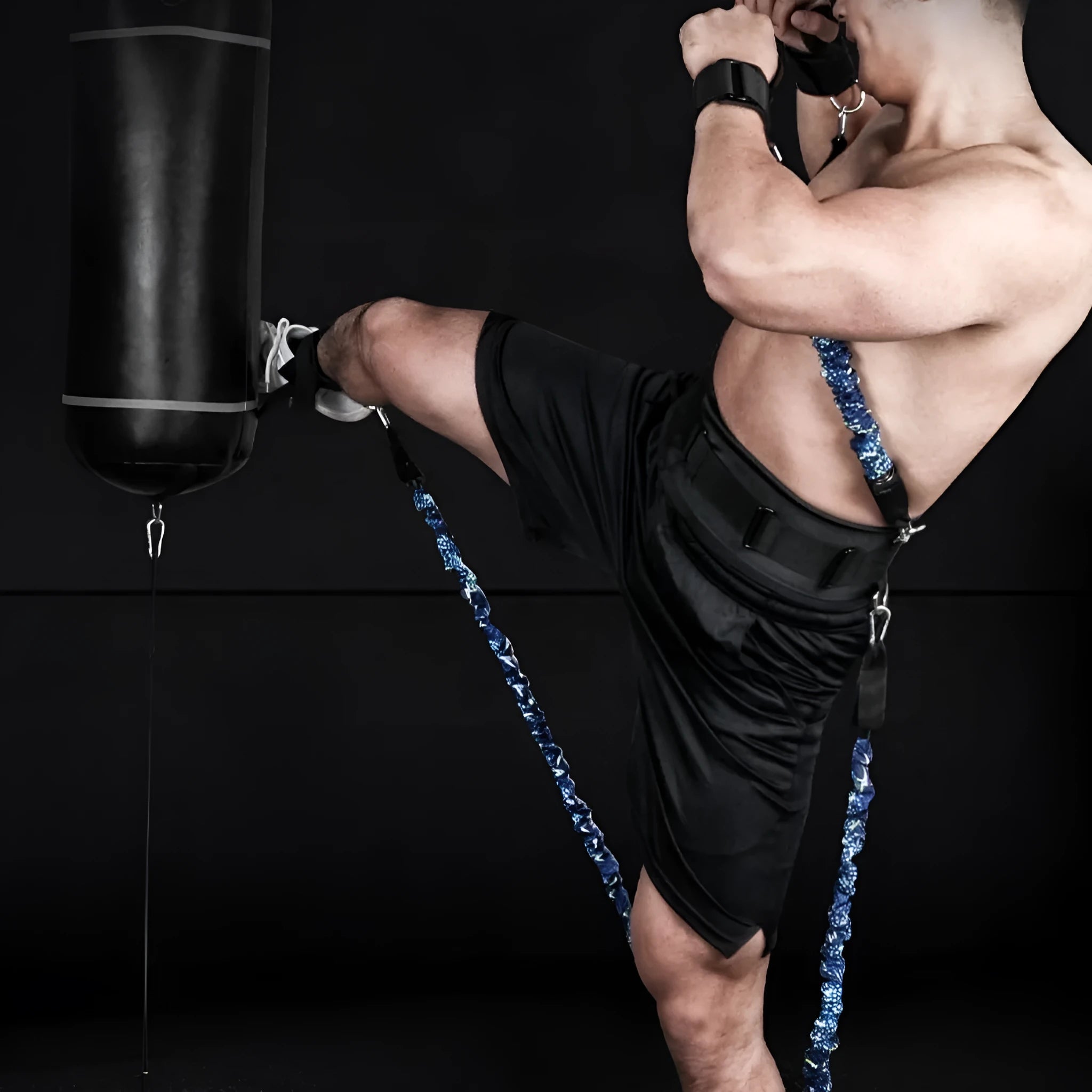 Fitness Bounce chest expander elastic belt with red, blue, black, and green resistance sleeves