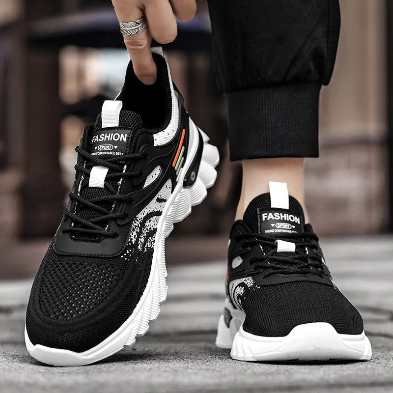 Men's white blue and black platform casual running shoes with cross straps and mesh upper.
