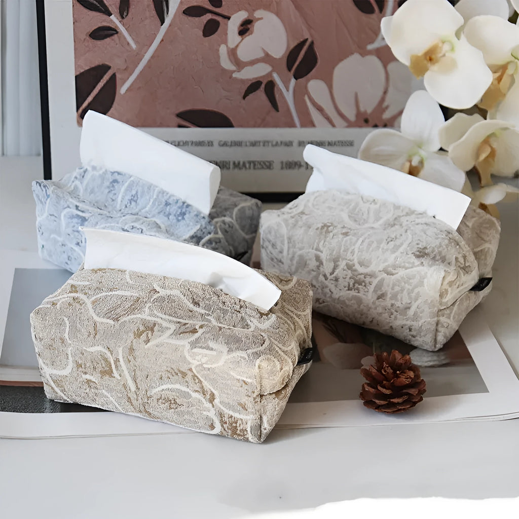 Chinese style pastoral rose fabric tissue box in cotton, 17cm long, shown in beige colour.