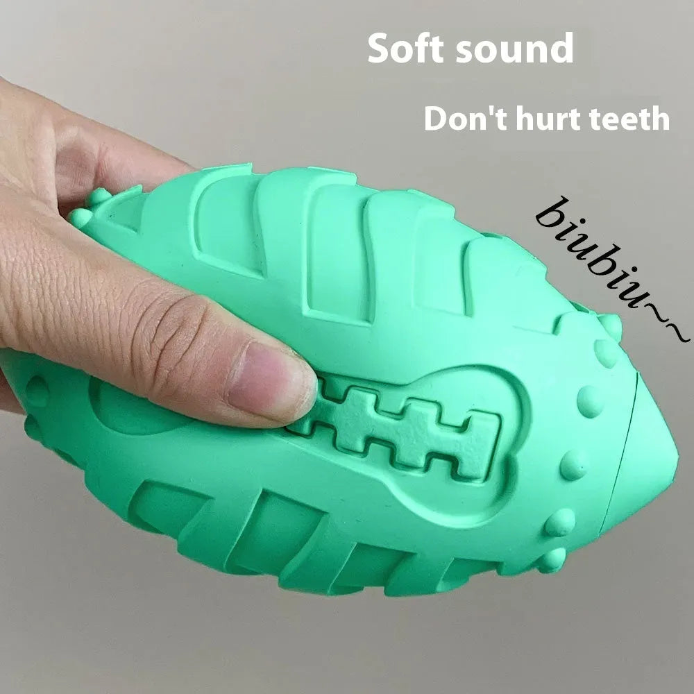 Light green or sapphire blue bite-resistant rubber dog rugby ball toy for teeth cleaning.