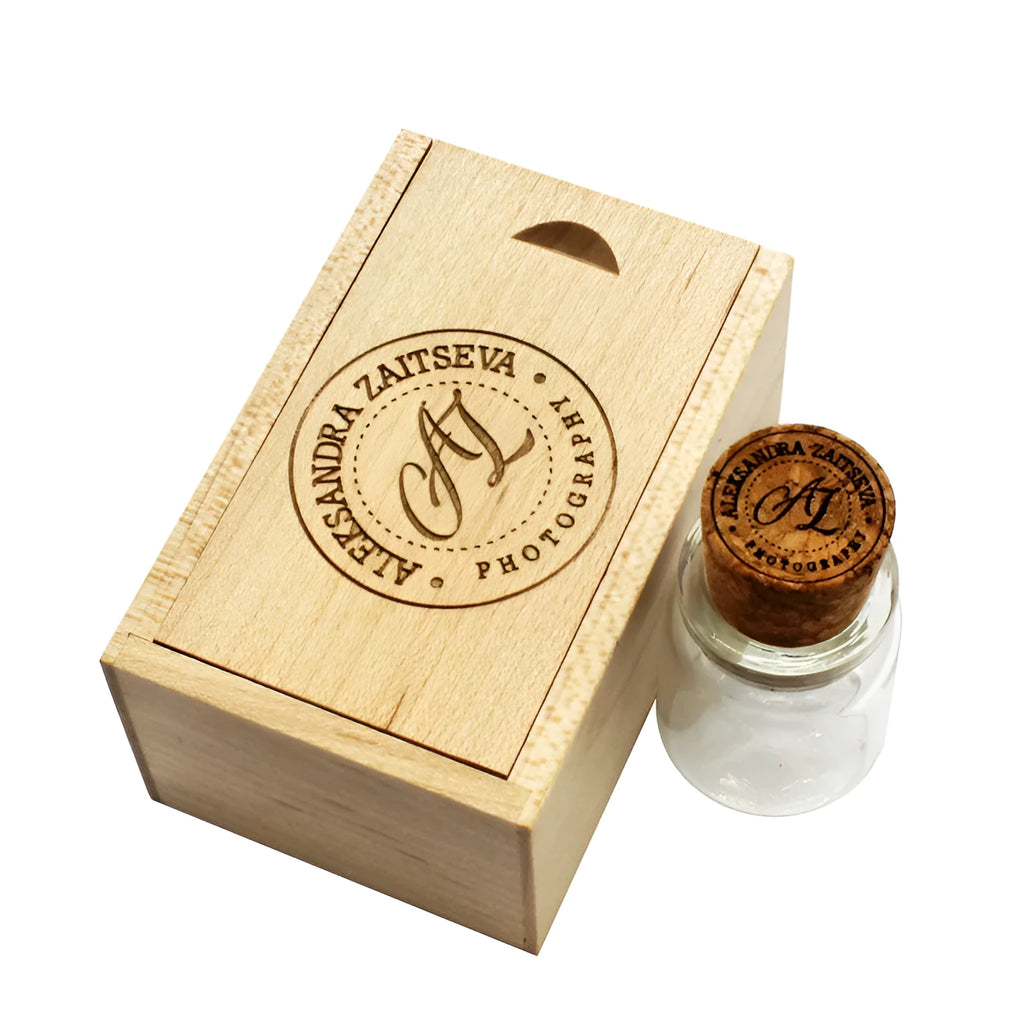 Personalised wooden USB flash drive with chocolate-brown casing showing dimensions and custom graphic option