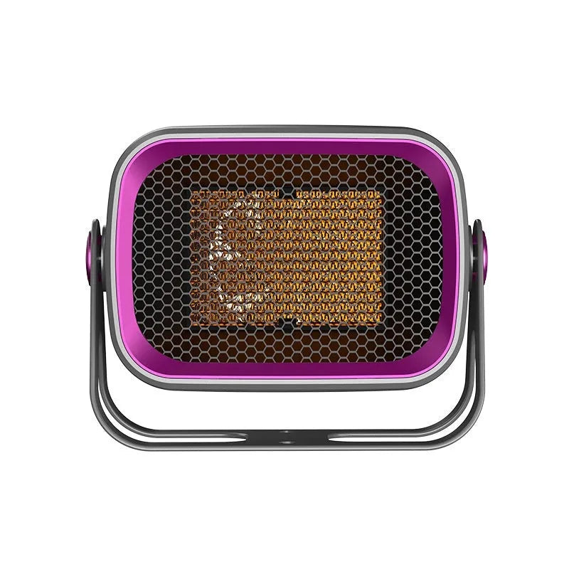 Compact white desktop ceramic heater with rotatable design and push-button controls.