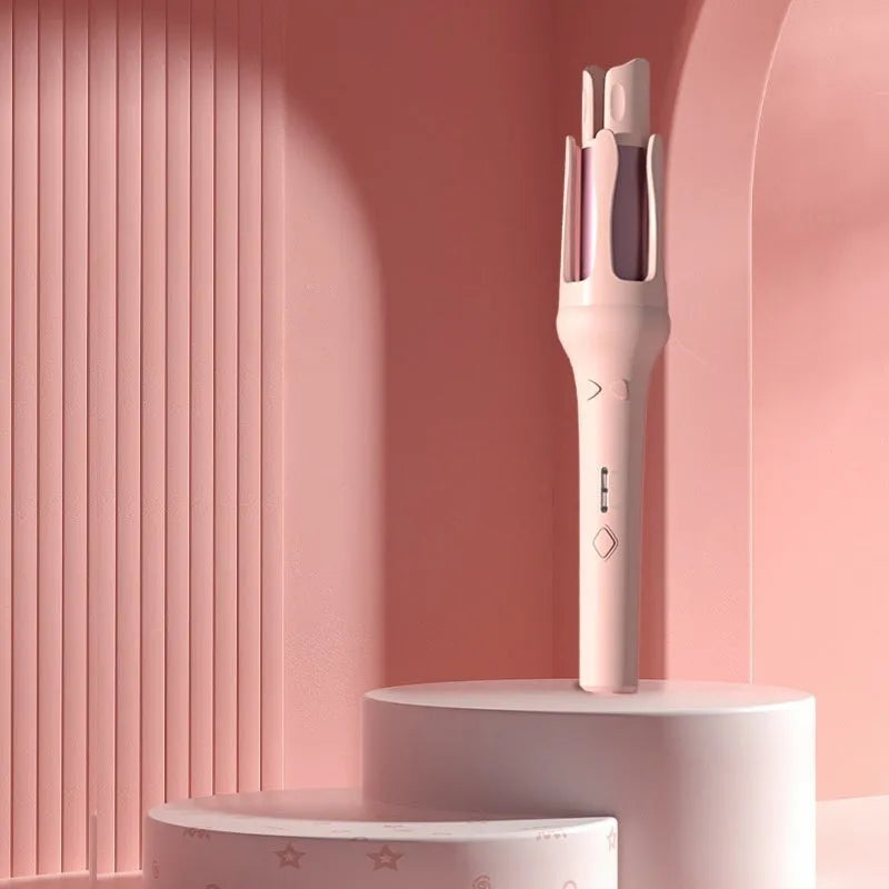 White automatic hair curler with 32mm ceramic barrel and international plug adapters