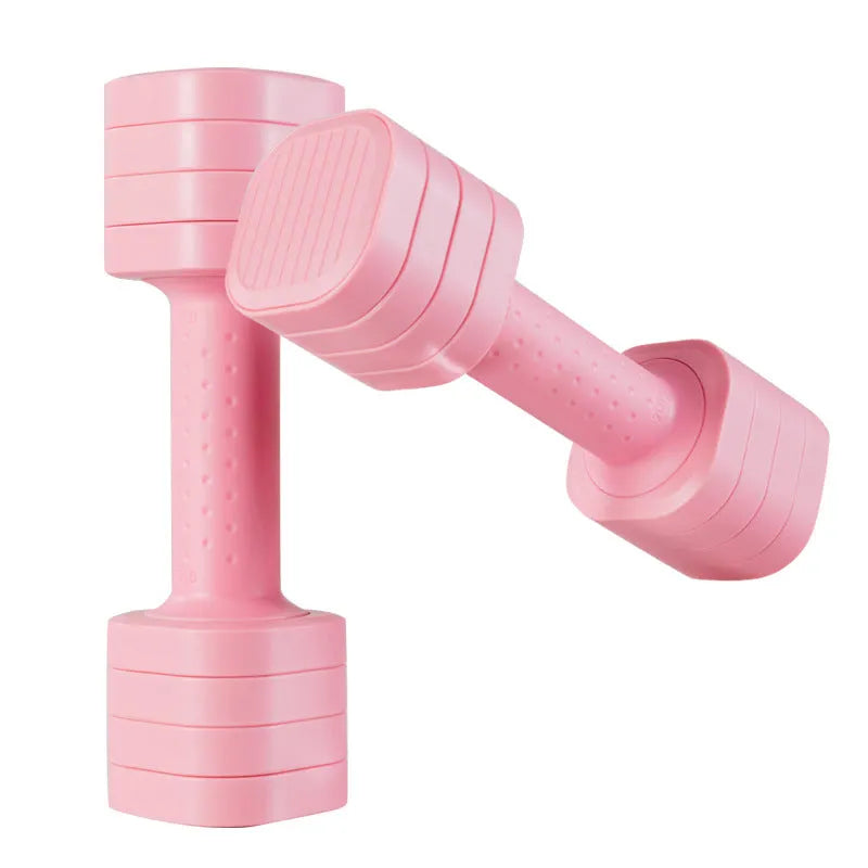 Detachable pink and blue 5lb dumbbell set for women's fitness training.