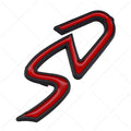 Red and silver metal car bumper sticker with SD pattern design.