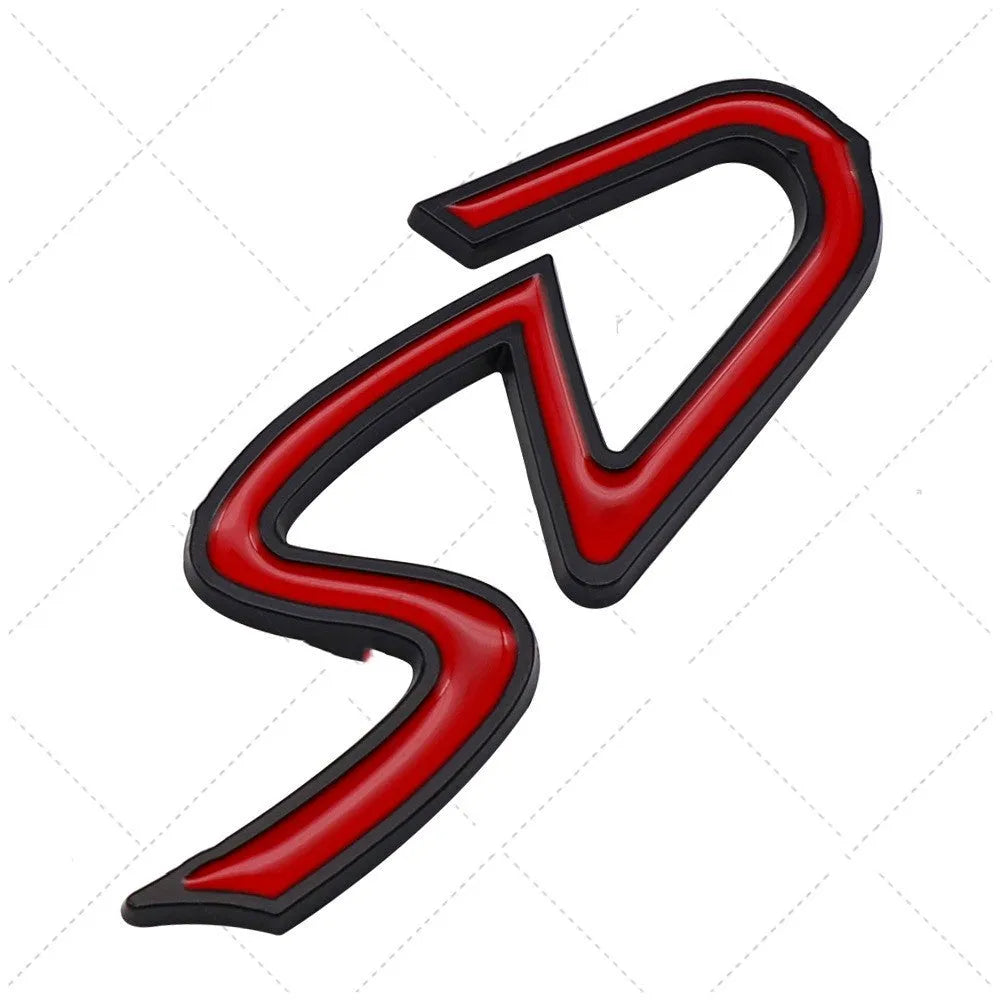 Red and silver metal car bumper sticker with SD pattern design.